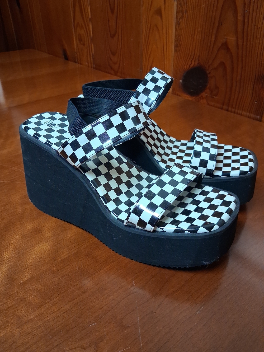 Women’s Black & White Checkered Platform Sandals with Elastic Back